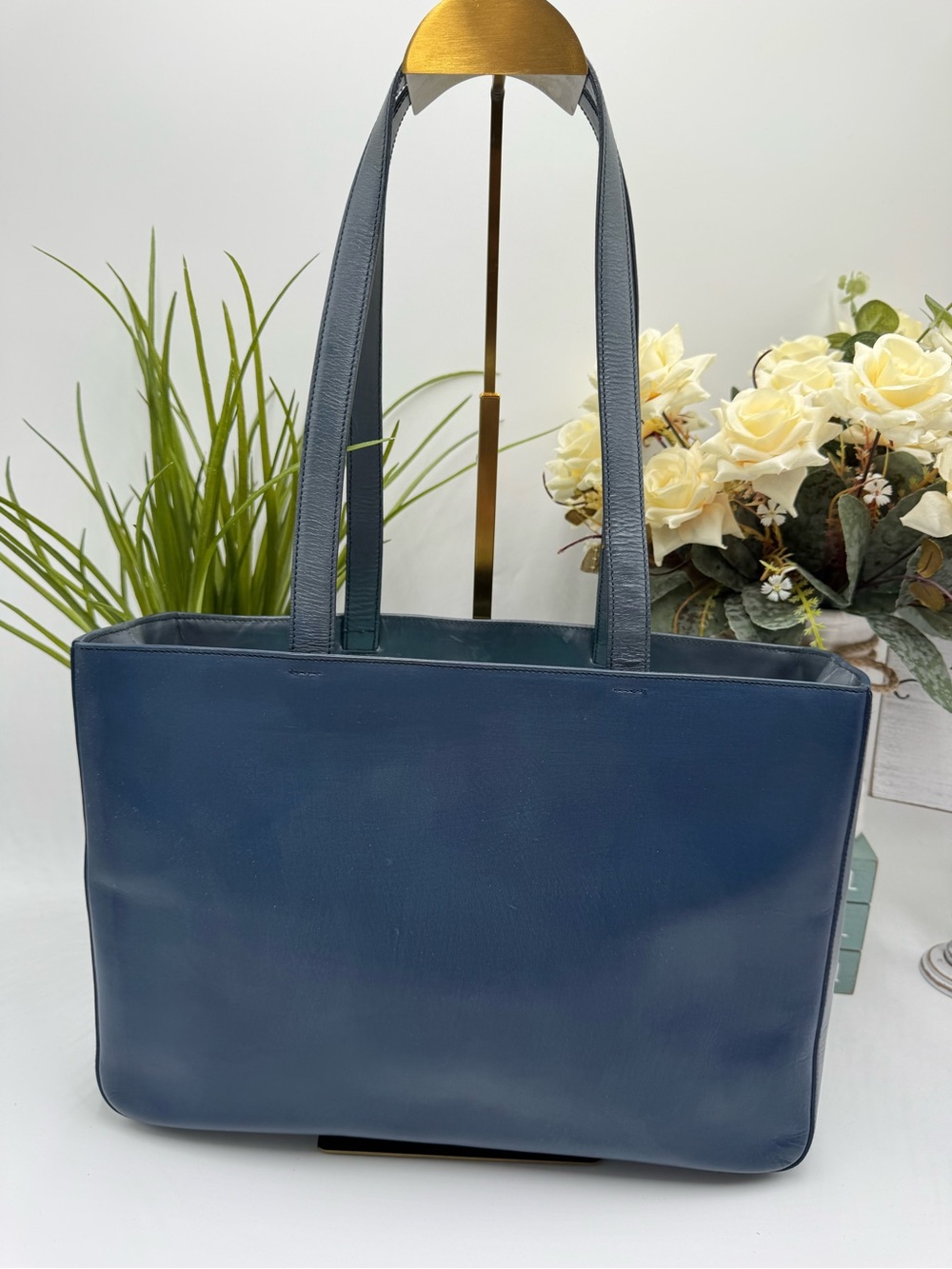 PRADA Vitello Smalto Leather Tote Bag - Denim Navy